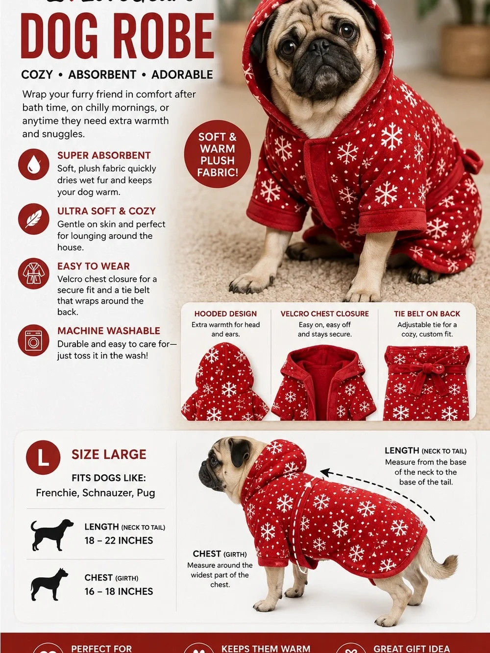 Cozy Red Snowflake Dog Robe with Hood – Brand: